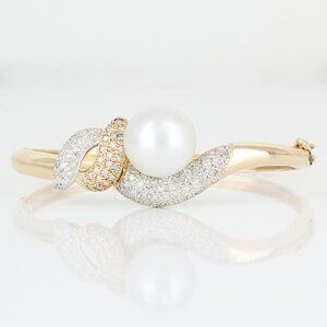 14KYG Diamond Mabe Pearl Bangle Bracelet Modern Baroque Anniversary Gift